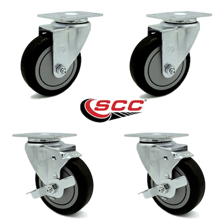 Service Caster 4 Inch Black Polyurethane Wheel Swivel Top Plate Caster Set with 2 Brakes SCC SCC-20S414-PPUB-BLK-2-TLB-2